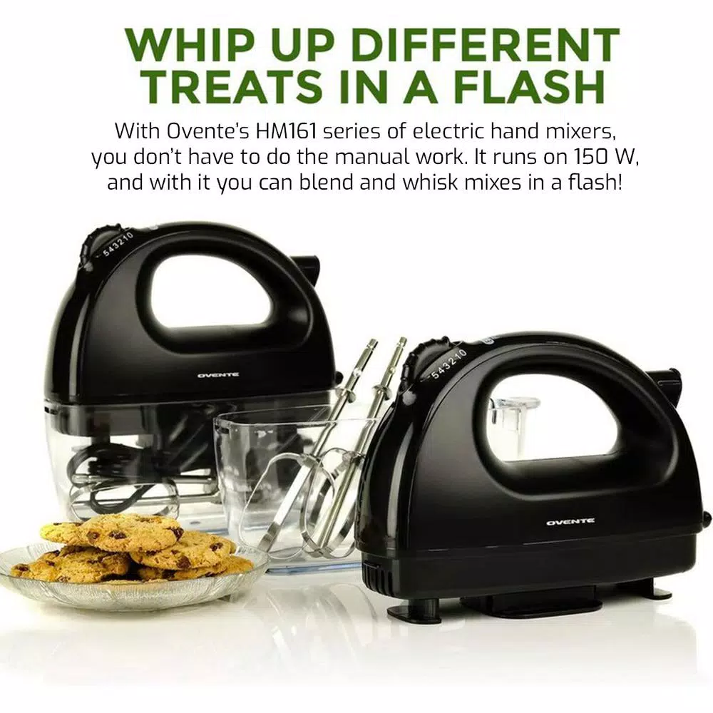 Mixers Ovente 5-Speed Hand Mixer Stainless Steel Chrome Beaters And Free Snap-On Case, 150W, Black 4 Mixers Ovente 5-Speed Hand Mixer Stainless Steel Chrome Beaters And Free Snap-On Case, 150W, Black - Image 2