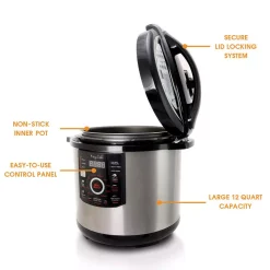 Cookers MegaChef 12 Qt. Black And Silver Electric Pressure Cooker With Automatic Shut-Off And Keep Warm Setting 13 Cookers MegaChef 12 Qt. Black And Silver Electric Pressure Cooker With Automatic Shut-Off And Keep Warm Setting -Dessert Makers Popular Store black silver megachef electric pressure cookers 985110831m 4f 1000