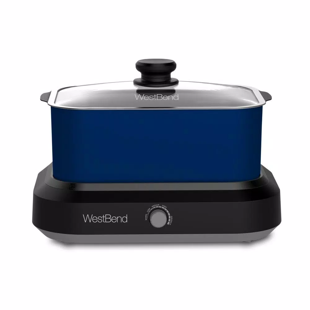 Cookers West Bend 5 Qt. Blue Non-Stick Versatility Slow Cooker With 5-Temperature Settings Includes Travel Lid And Thermal Tote 3 Cookers West Bend 5 Qt. Blue Non-Stick Versatility Slow Cooker With 5-Temperature Settings Includes Travel Lid And Thermal Tote