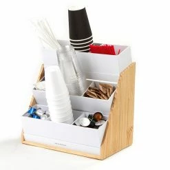 Coffee Makers Mind Reader 9-Compartment White Condiment Organizer With Wood Base -Dessert Makers Popular Store mind reader coffee accessories comp9wd wht 1f 1000