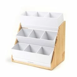 Coffee Makers Mind Reader 9-Compartment White Condiment Organizer With Wood Base