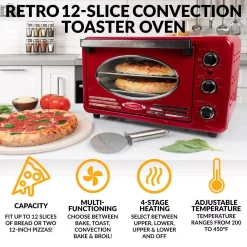 Toasters Nostalgia Retro 1500 W 12-Slice Retro Red Convection Toaster Oven With Built In Timer -Dessert Makers Popular Store retro red nostalgia toaster ovens rtov2rr c3 1000
