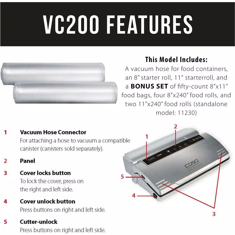 Food Processing CASO VC 200 Black And Silver Food Vacuum Sealer With Fold-Out Cutter, Roll Box And Vacuum Bag Set 7 Food Processing CASO VC 200 Black And Silver Food Vacuum Sealer With Fold-Out Cutter, Roll Box And Vacuum Bag Set - Image 5