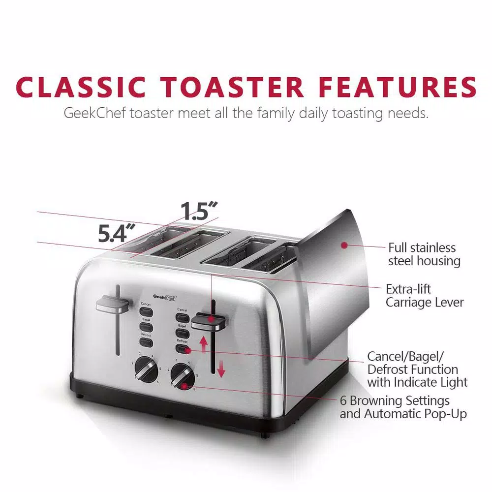 Toasters Boyel Living 1500 W 4-Slice Silver Wide Slot Toaster With Dual Control Panels 10 Toasters Boyel Living 1500 W 4-Slice Silver Wide Slot Toaster With Dual Control Panels - Image 8