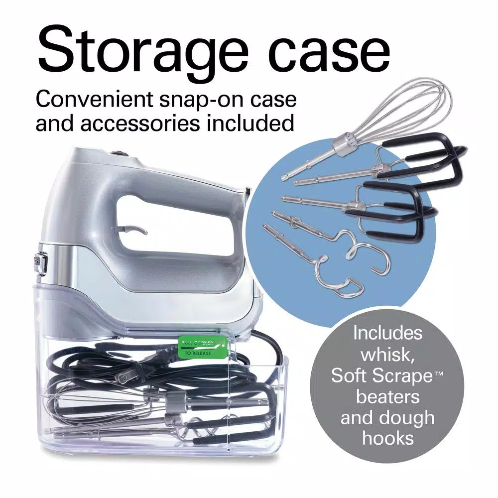 Mixers Hamilton Beach 7-Speed Electric Hand Mixer, Silver And Chrome, With SoftScrape Beaters, Whisk, Dough Hooks And Snap-On Storage Case 8 Mixers Hamilton Beach 7-Speed Electric Hand Mixer, Silver And Chrome, With SoftScrape Beaters, Whisk, Dough Hooks And Snap-On Storage Case - Image 6