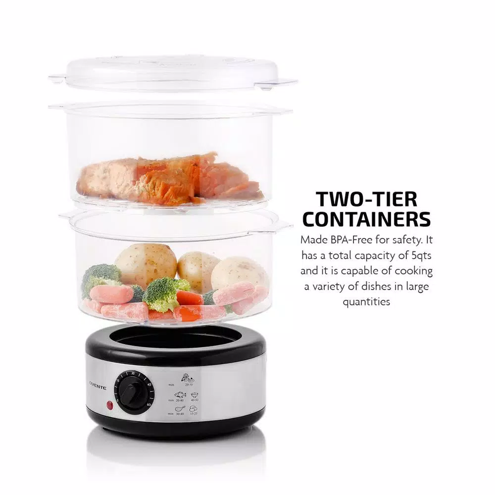 Cookers Ovente 20-Cup Silver 2-Tier Food Steamer With Stainless Steel Base And Plastic Containers 5 Cookers Ovente 20-Cup Silver 2-Tier Food Steamer With Stainless Steel Base And Plastic Containers - Image 3