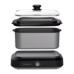 Cookers West Bend 5 Qt. Silver Non-Stick Versatility Slow Cooker With 5-Temperature Settings Includes Travel Lid And Thermal Tote -Dessert Makers Popular Store silver west bend slow cookers 87905 4f 1000