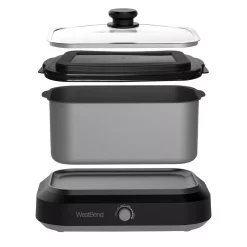 Cookers West Bend 6 Qt. Silver Non-Stick Versatility Slow Cooker With 5-Temperature Settings Includes Travel Lid And Thermal Tote 10 Cookers West Bend 6 Qt. Silver Non-Stick Versatility Slow Cooker With 5-Temperature Settings Includes Travel Lid And Thermal Tote -Dessert Makers Popular Store silver west bend slow cookers 87906 1f 1000