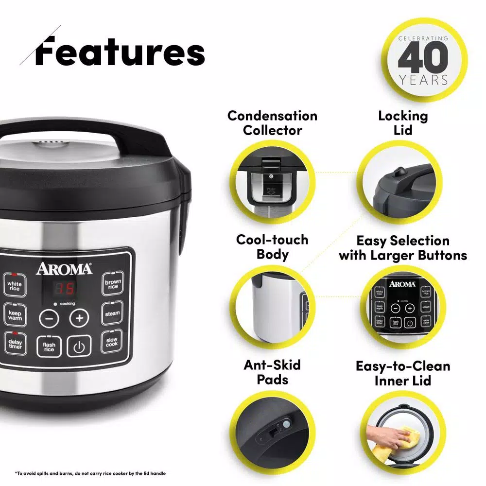 Cookers AROMA 20-Cup Silver Rice Cooker With Food Steamer And Slow Cooker Functions 4 Cookers AROMA 20-Cup Silver Rice Cooker With Food Steamer And Slow Cooker Functions - Image 2