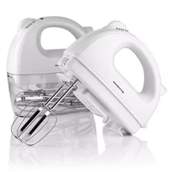 Mixers Ovente 5-Speed 150-Watt White Hand Mixer Stainless Steel Chrome Beaters And Free Snap-On Case