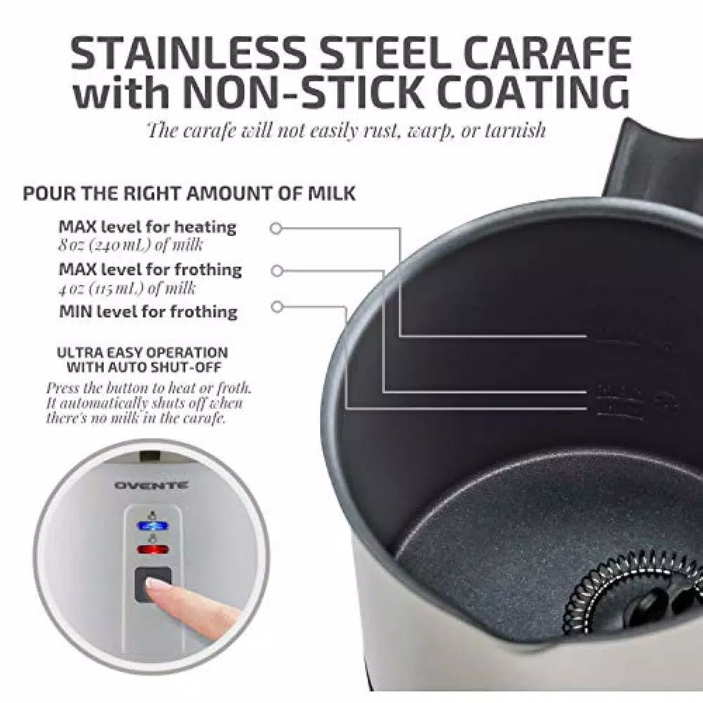 Coffee Makers Ovente 8.1 Oz. White Stainless Steel Electric Milk Frother 3 In 1-Warming, Heating And Frothing, See-Through Lid Plus Whisks 5 Coffee Makers Ovente 8.1 Oz. White Stainless Steel Electric Milk Frother 3 In 1-Warming, Heating And Frothing, See-Through Lid Plus Whisks - Image 3